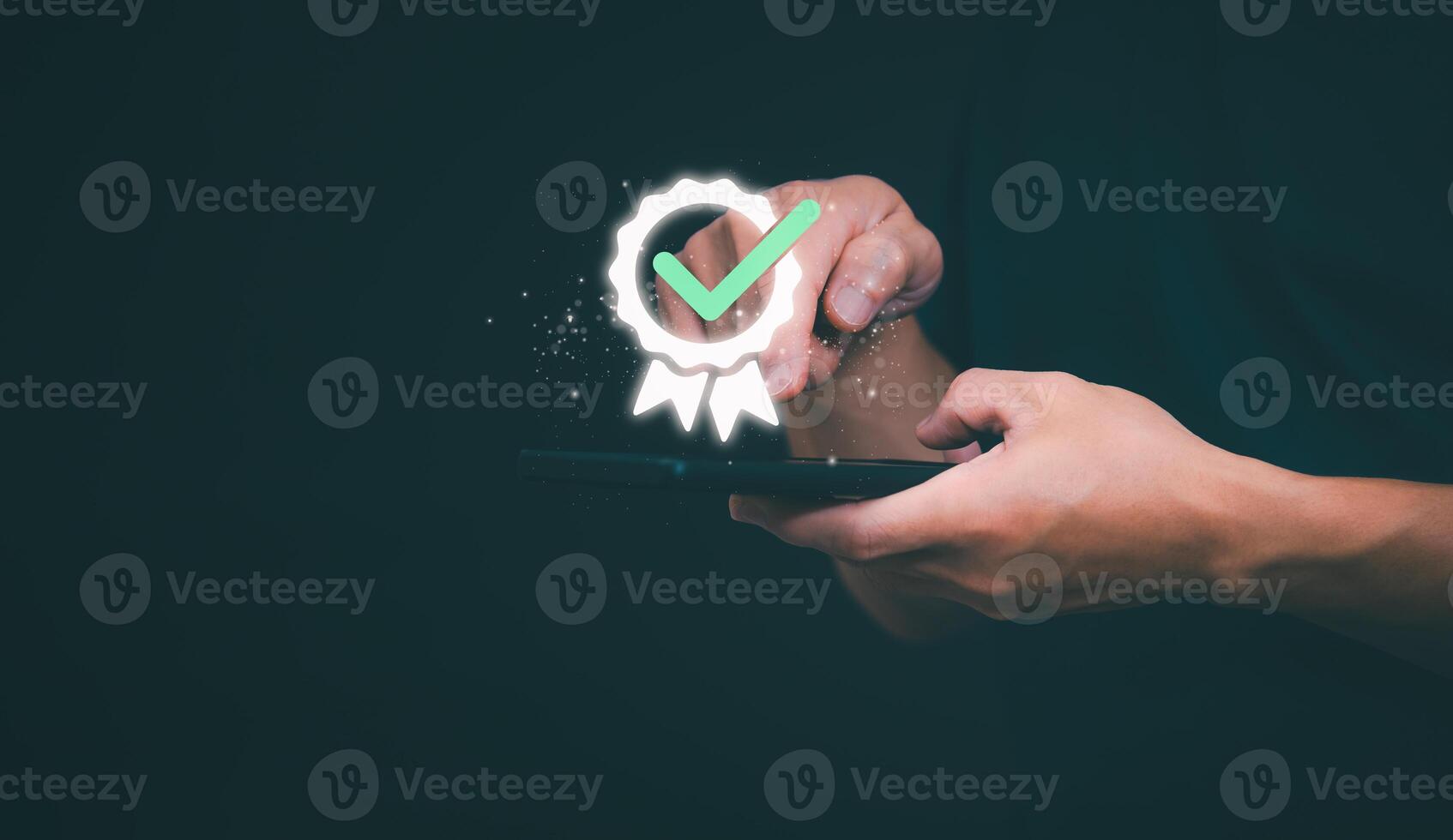 Male hand pointing at symbol of guarantee of quality of service Certification concept and standard quality control Standard warranty Documents certified on virtual screen photo