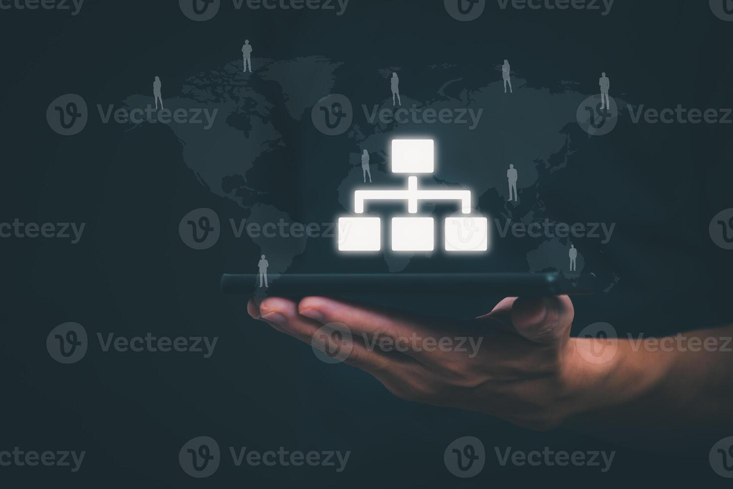 Businessman showing the linkage of organizational structure with effective management and have leadership in team building, human resource management concepts, strategic goals for business growth photo