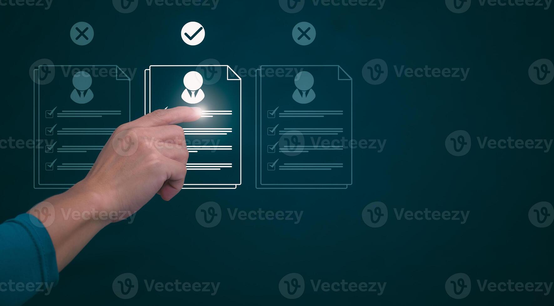 Male hand pointing at symbol of guarantee of quality of service Certification concept and standard quality control Standard warranty Documents certified on virtual screen photo