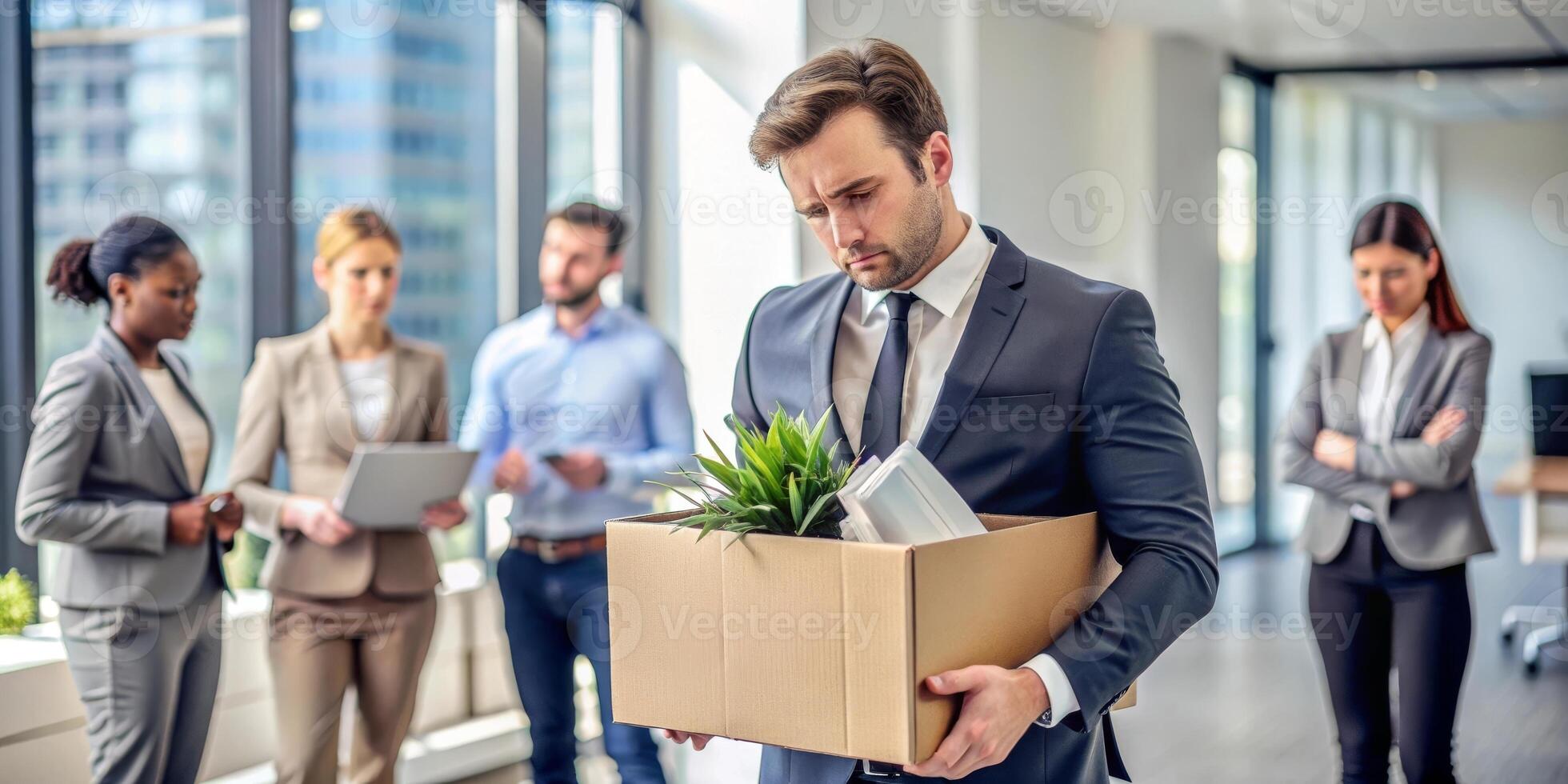 A sad male employee is holding a box of belongings in their office after a job departure photo