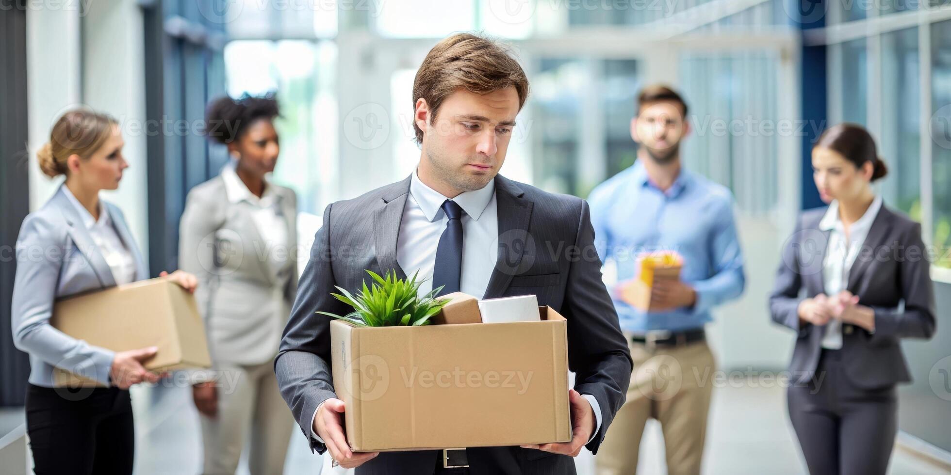 A sad male employee is holding a box of belongings in their office after a job departure photo