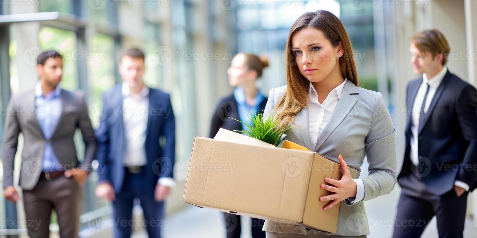A sad employee is holding a box of belongings in their office after a job departure photo
