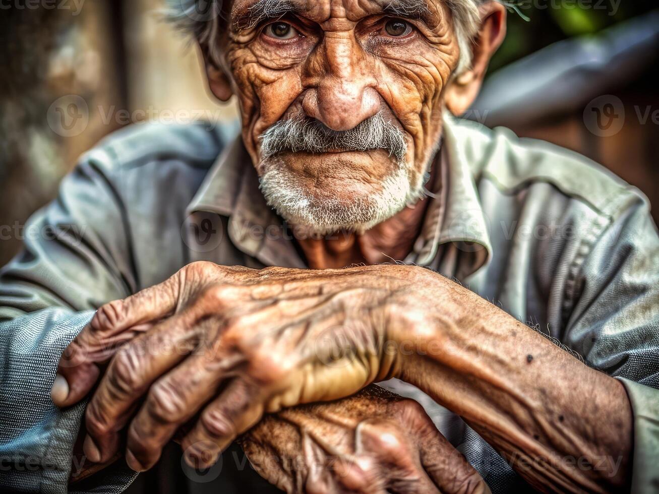 Portrait of an elderly man with wrinkled skin and a contemplative gaze photo