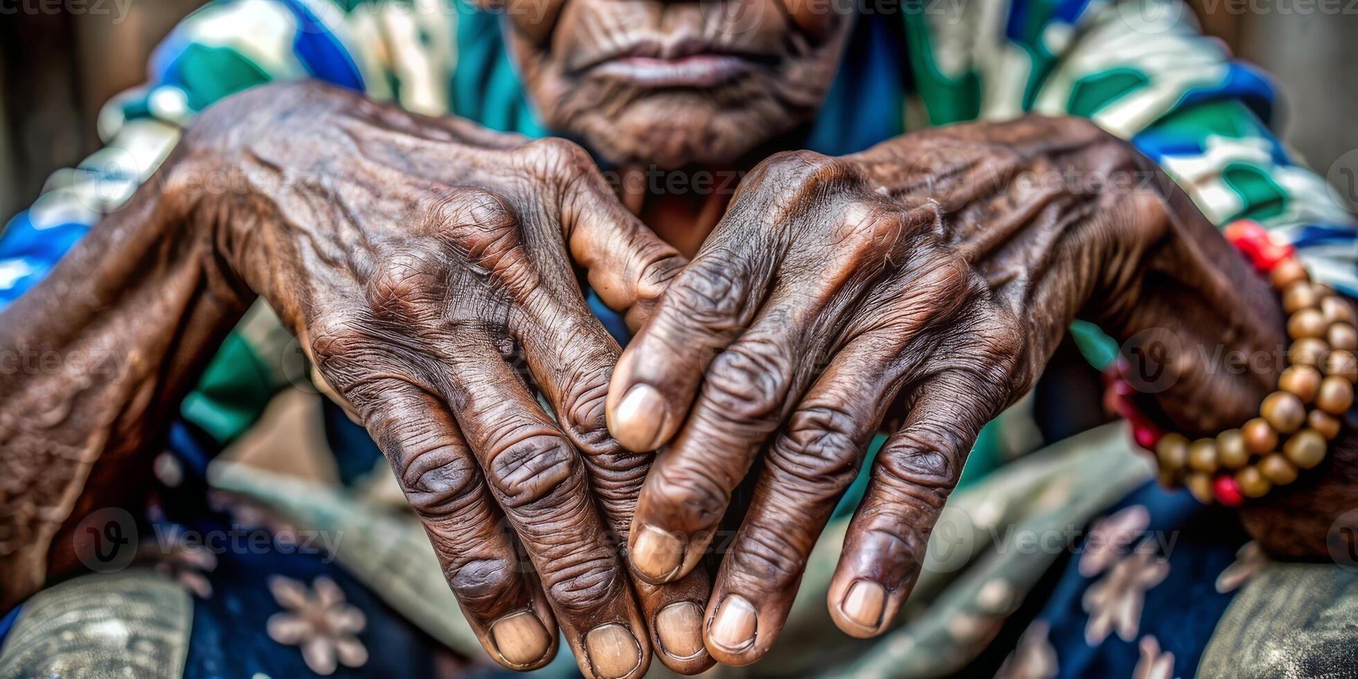Hands of elderly woman with wrinkled skin and a contemplative gaze photo