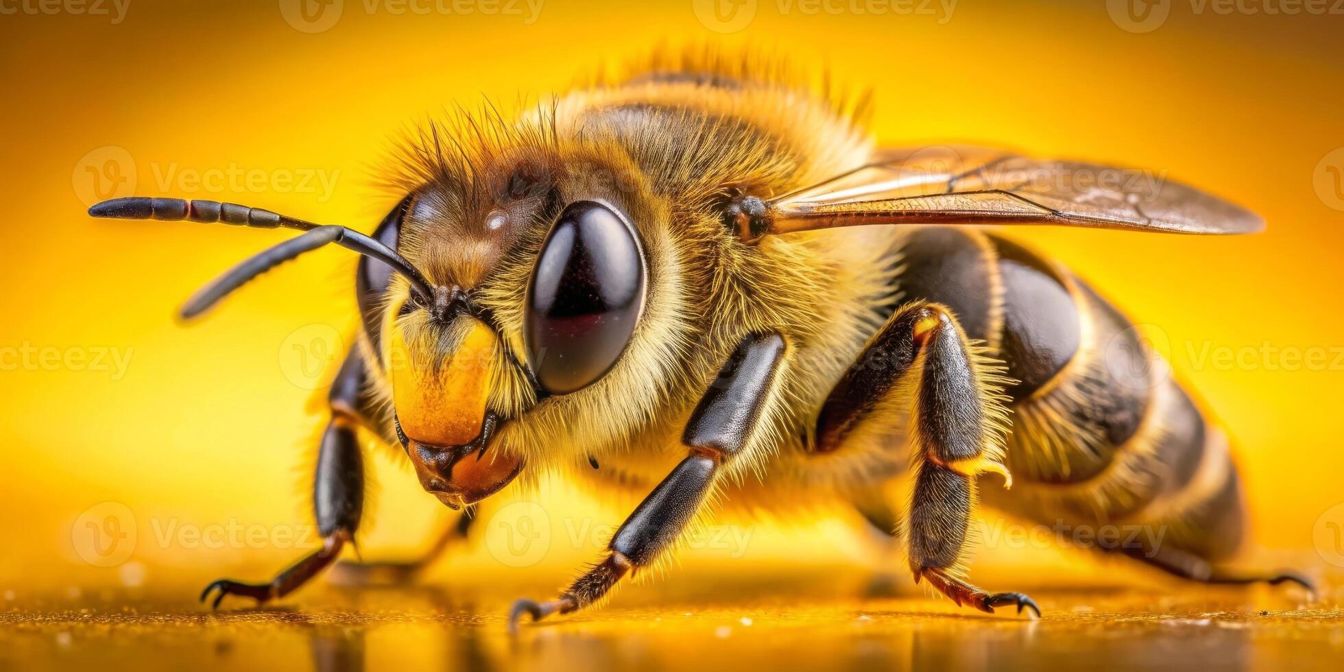 A close-up shot of a honey bee on a yellow background photo