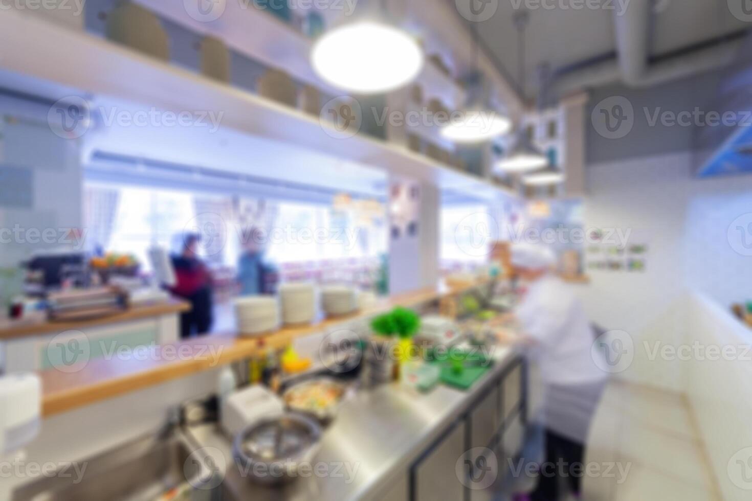 Cuisine of restaurant. Chrome kitchen equipment cafe. Production room. Soft focus. photo