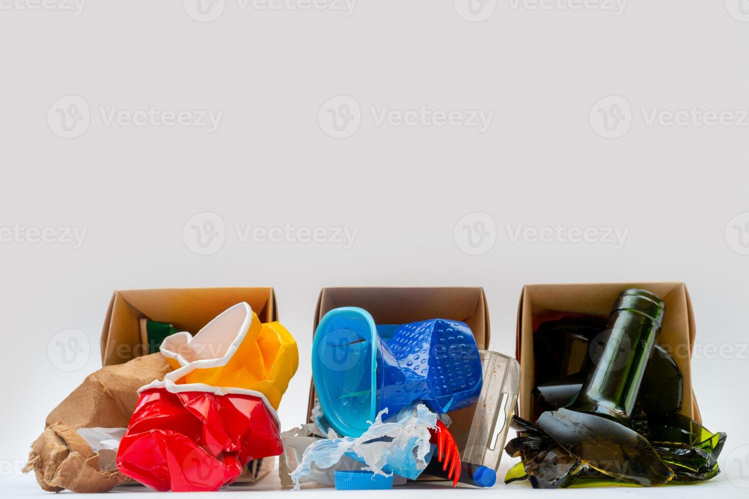 Separate garbage collection. Paper, Plastic, Glass. Environmental pollution. photo