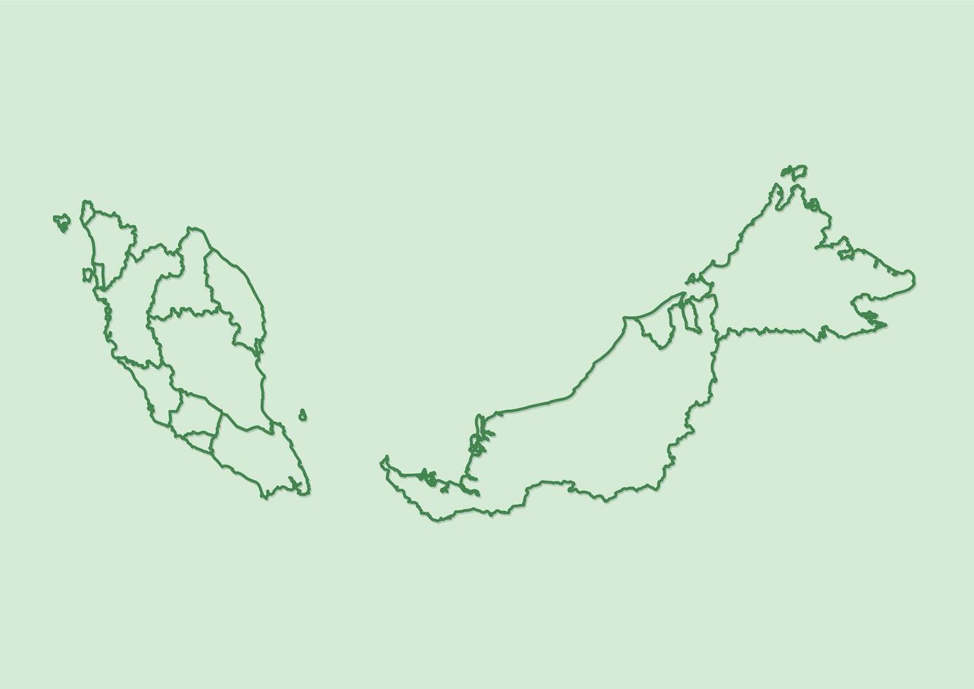 Green Malaysia map with border lines of different states on light background illustration vector