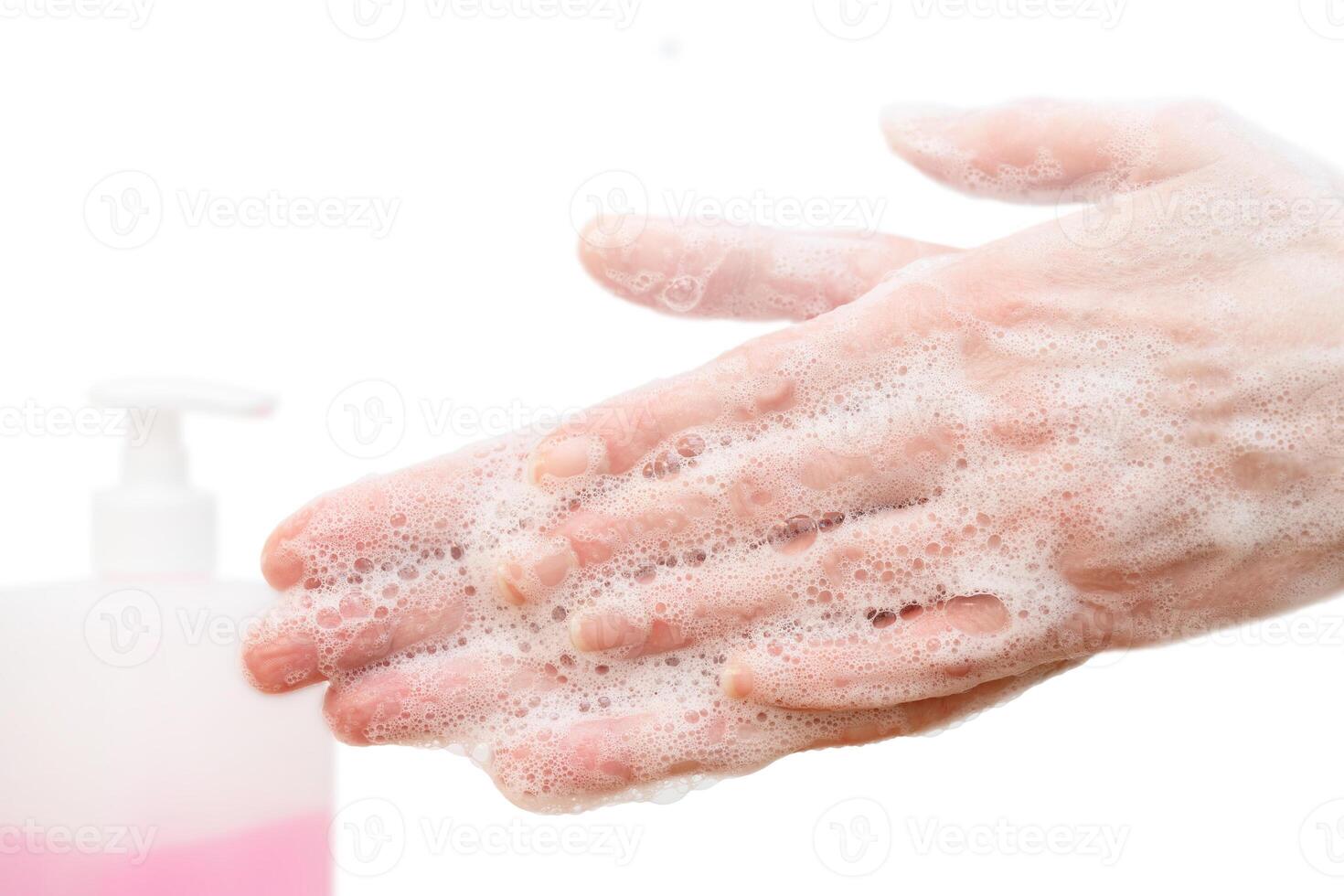 Antibacterial soap in the hands. Hand disinfection with soap. Cleanliness and hygiene in everyday life. Hand hygiene photo
