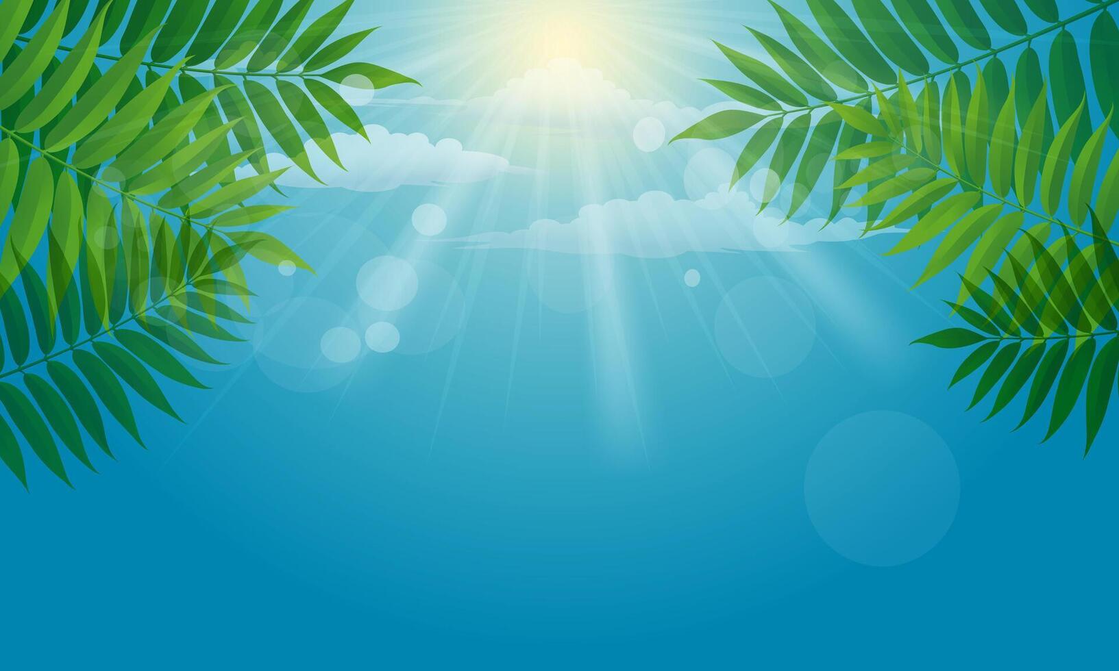 Fresh green leaves on natural background. bright light. blue sky. vector
