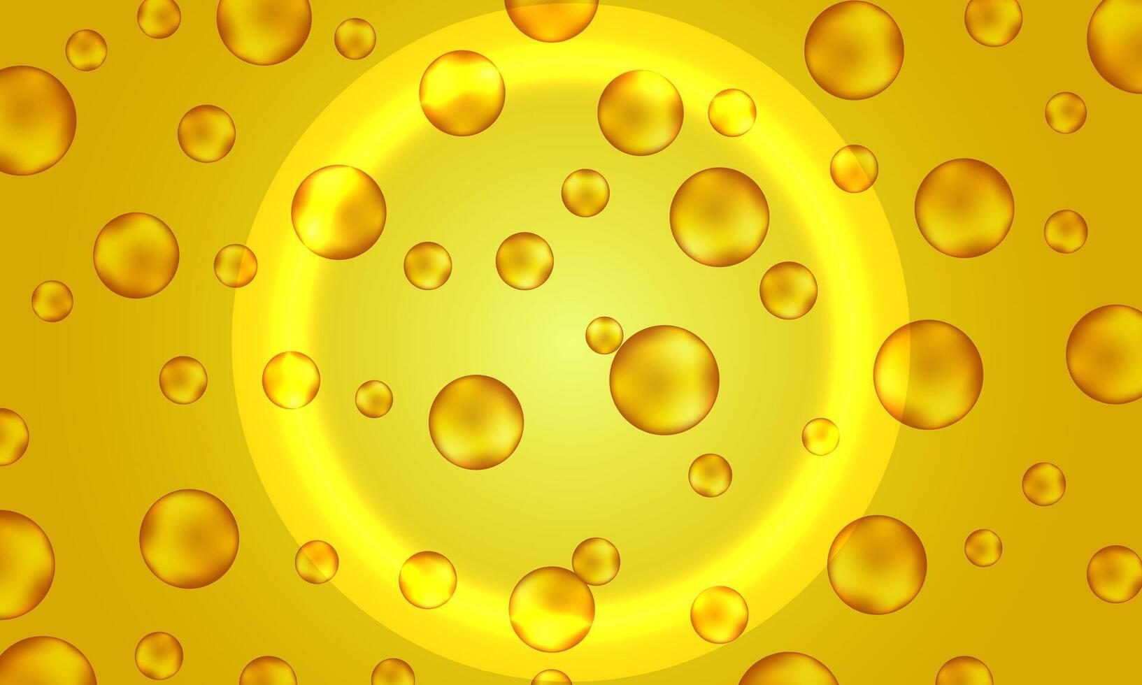Golden oil bubbles. capsule bubbles. gold circle. yellow background. vector