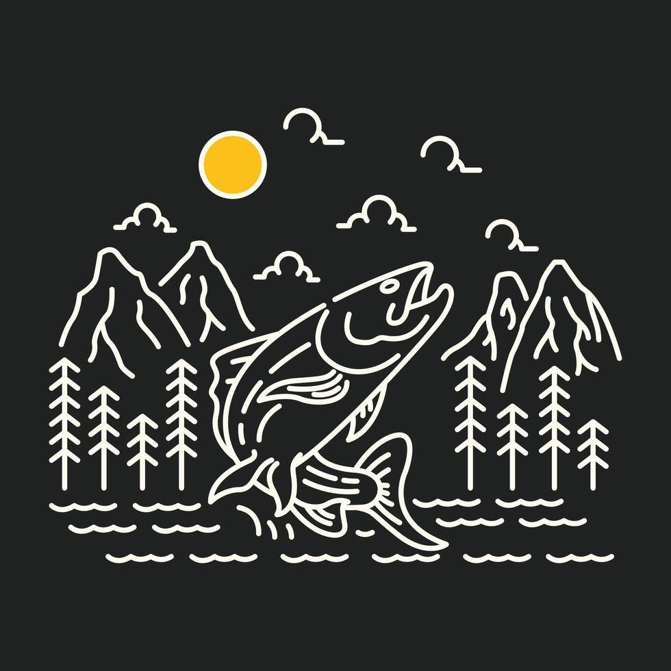 WIld Fisherman Fishing Adventure Monoline Illustration vector