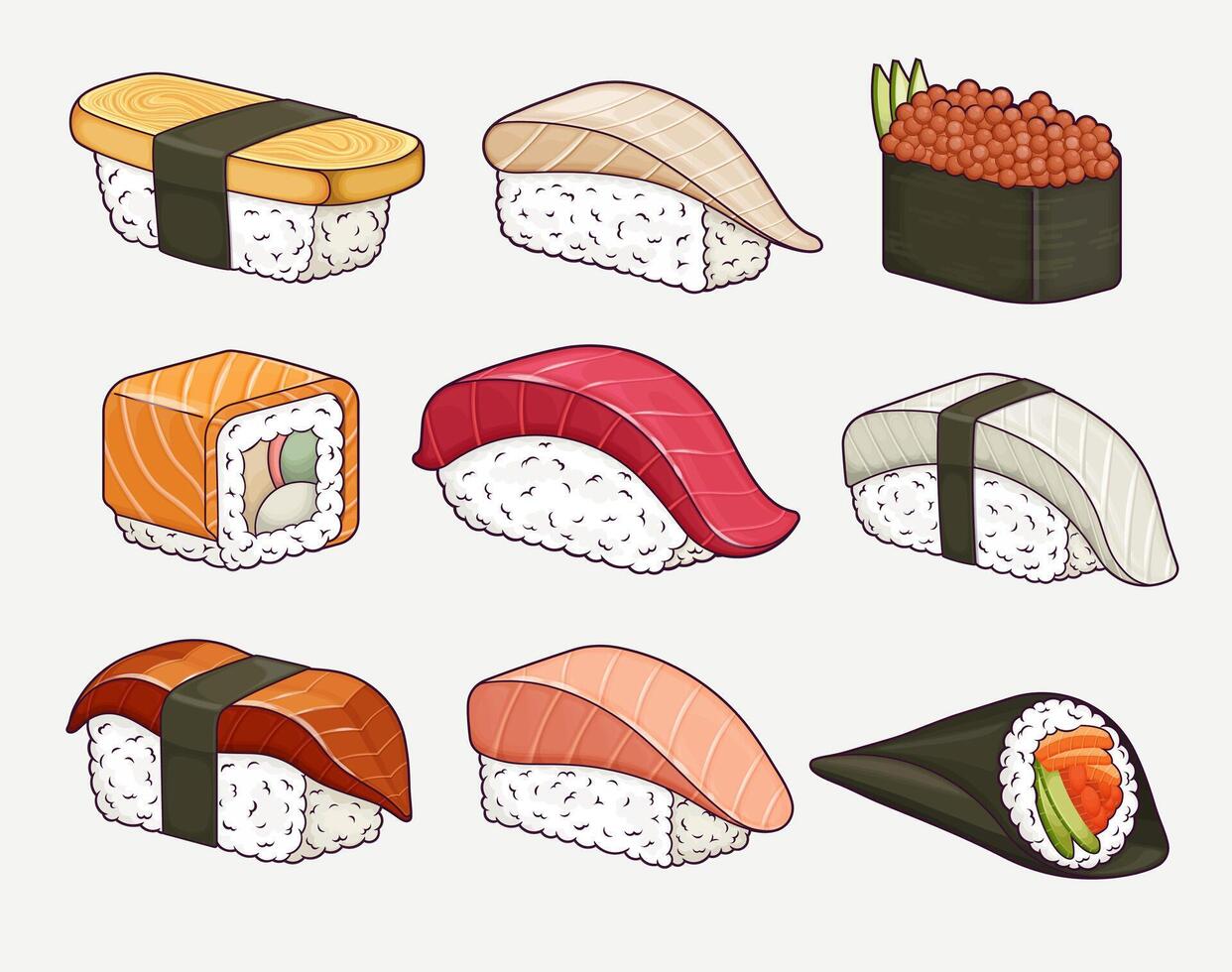 Sushi set of traditional Japanese food, featuring rolls, masago, uramaki, suzuki, tamago, hirame, unagi, temaki, maguro, and ika. vector