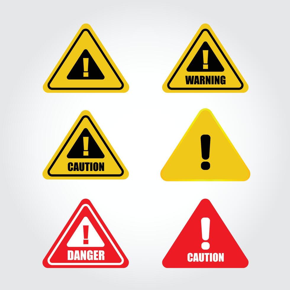 Set of Caution, Danger and Hazard Warning Sign. Exclamation Marks and Attention Icons set. Illustration. vector