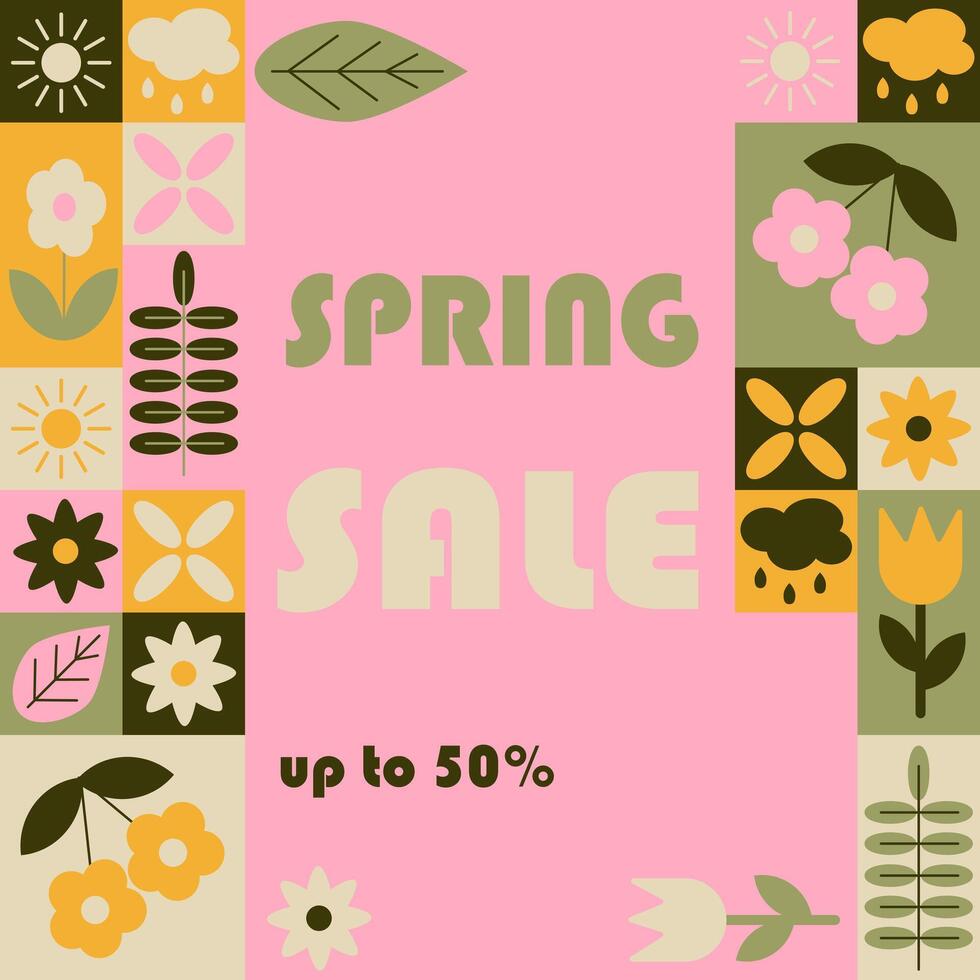 Spring sale abstract square banner in geometric style. Related floral elements to spring in simple geometric shapes, flat style. Good for advertisement and trading vector