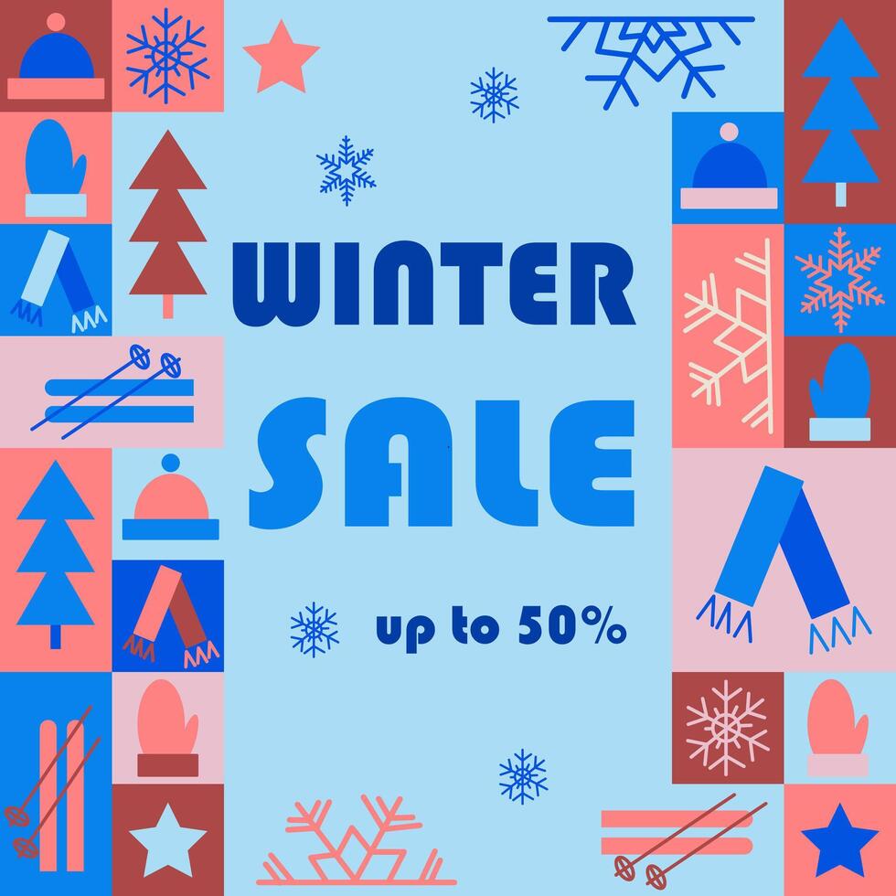 Winter sale abstract square banner in geometric style. Related elements to winter in simple geometric shapes, flat style. Good for advertisement and trading vector