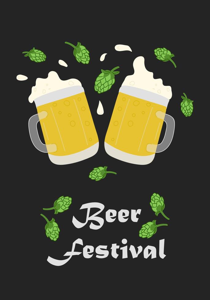 Vertical template banner for beer festival with beer mugs and hops. Autumn season beer festival illustration. Greeting card for social media on dark background vector