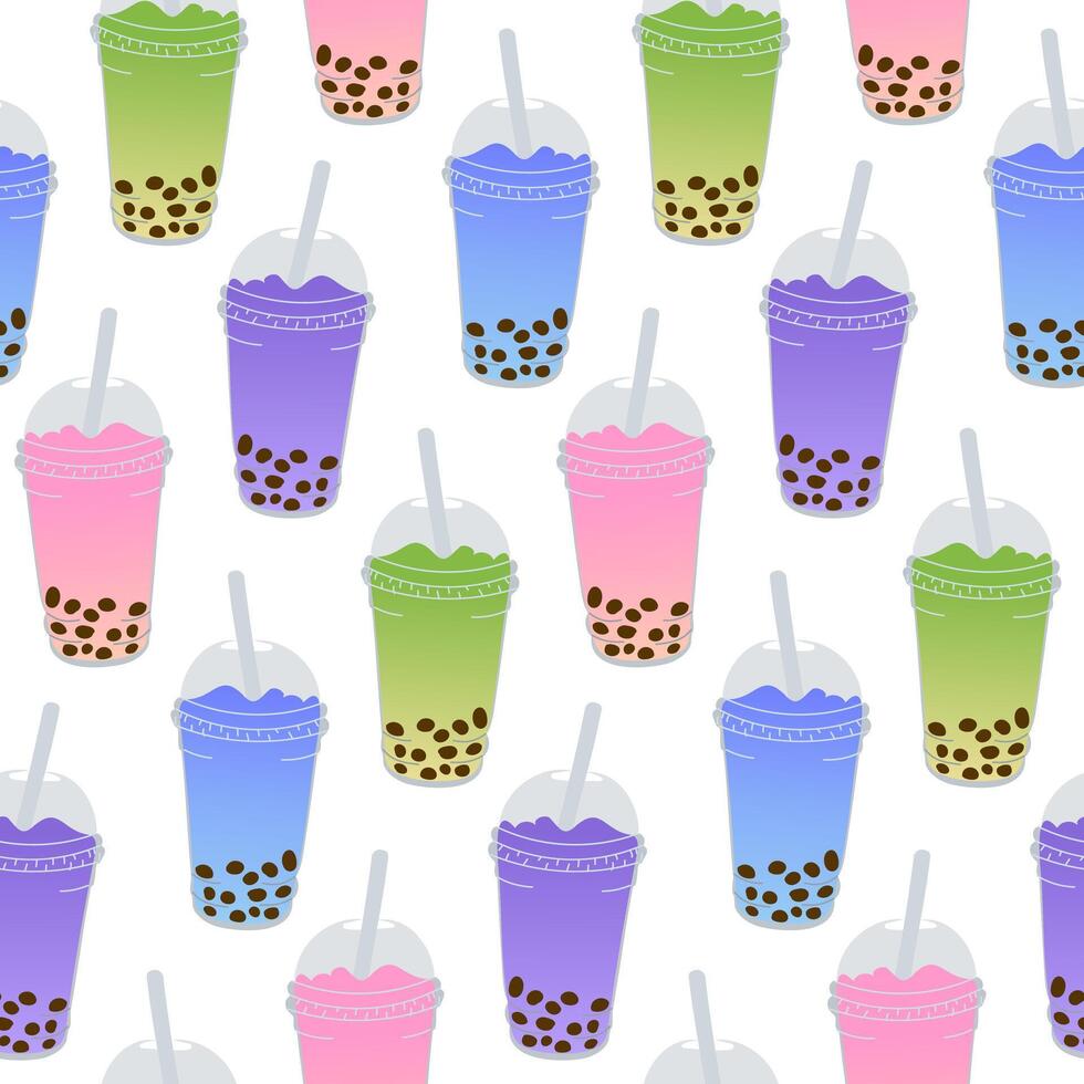 Seamless pattern with colorful flat Asian popular bubble tea and tapioca pearls. Summer vacation illustration vector