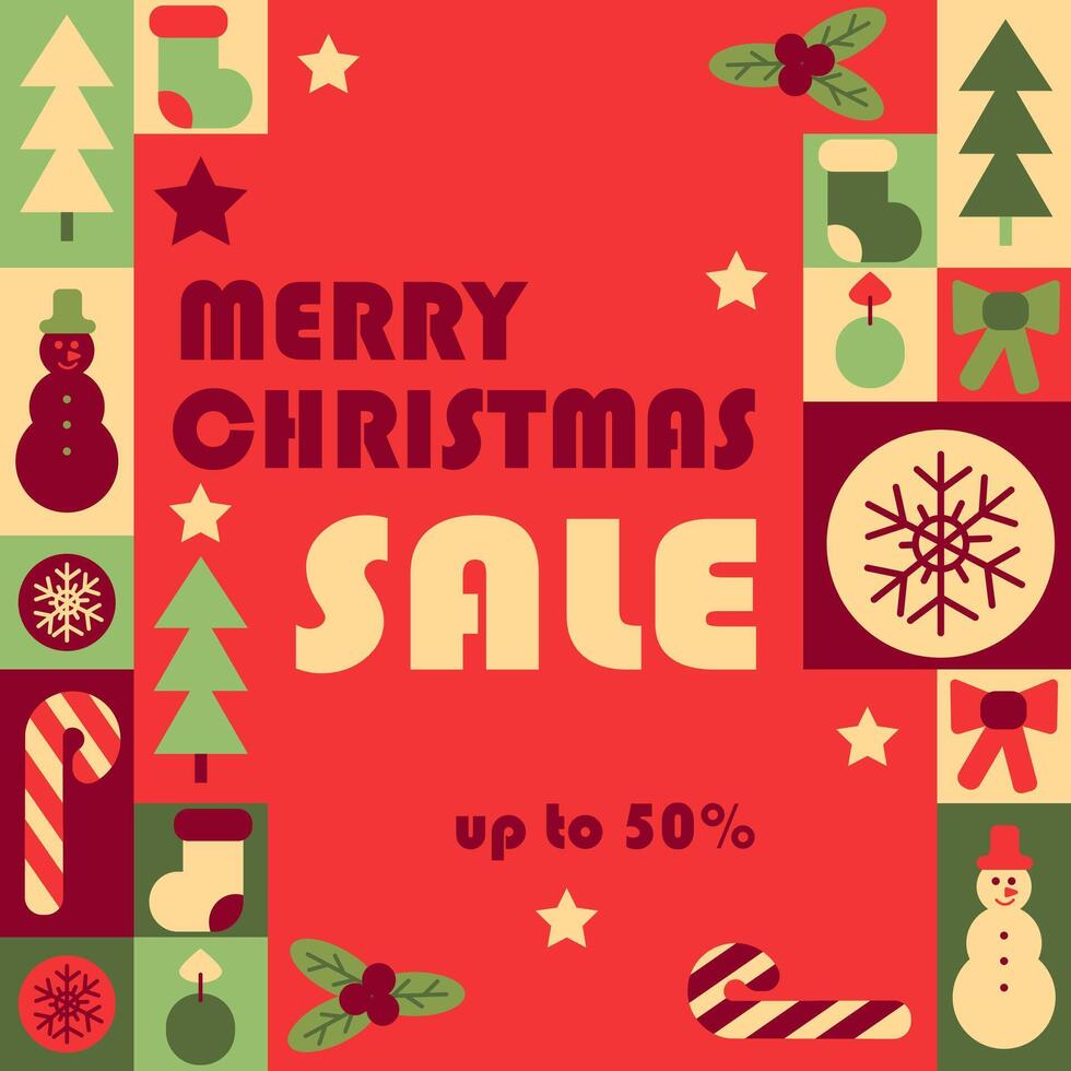 Merry Christmas sale abstract square banner in geometric style. Festive and celebrating elements in simple geometric shapes, flat style. Good for advertisement and trading vector