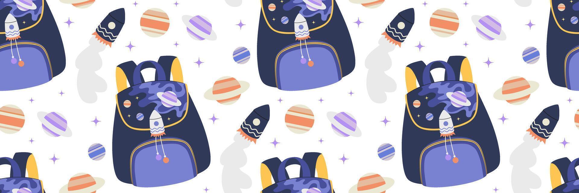 Children backpack with Cosmic design seamless pattern. Girl and boys bag with spaceship, planet, star background. Back to school concept. For textile, packaging, scrapbooking. flat illustration vector