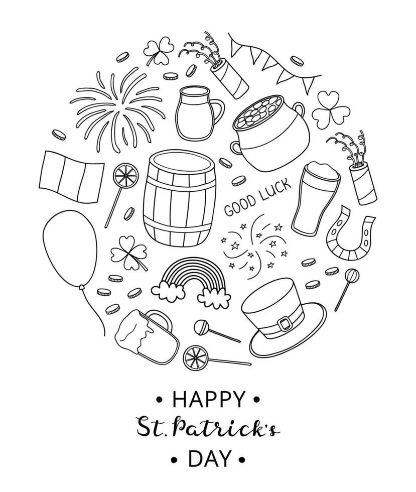 Hand drawn items for Saint patrick s day in circle. vector