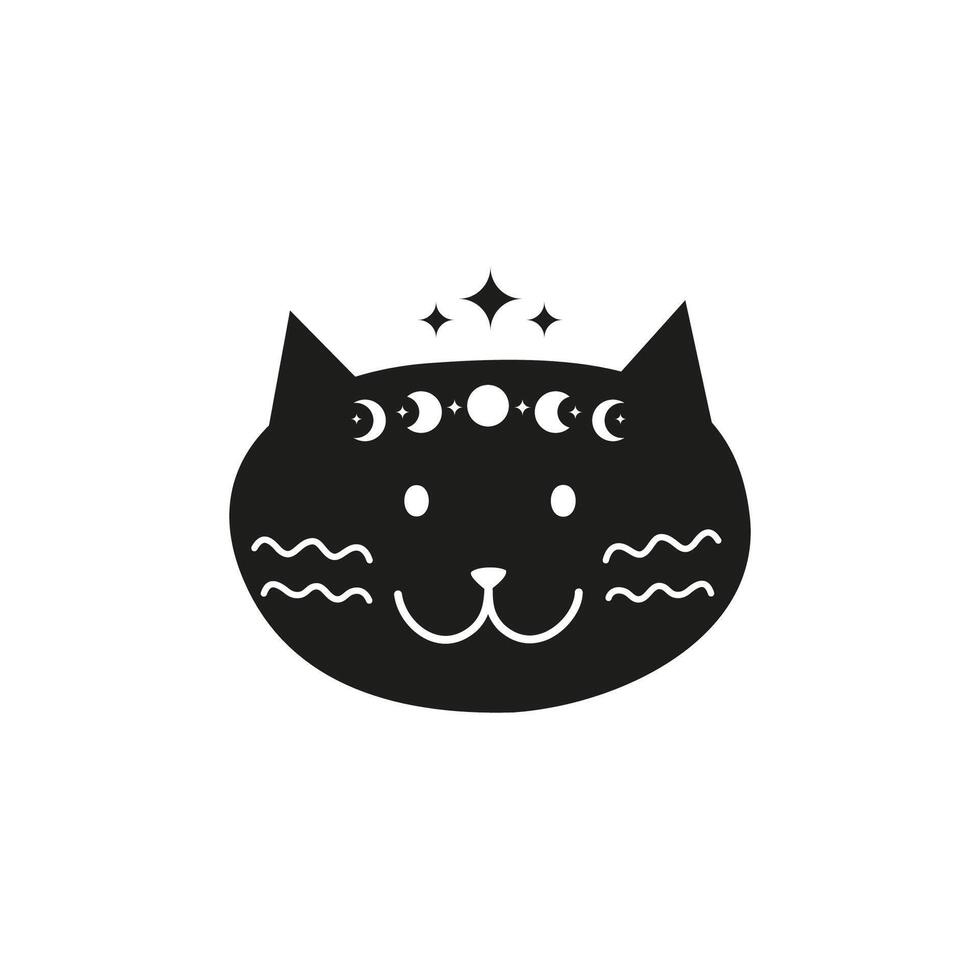Witchy black cat character with moon phases. vector
