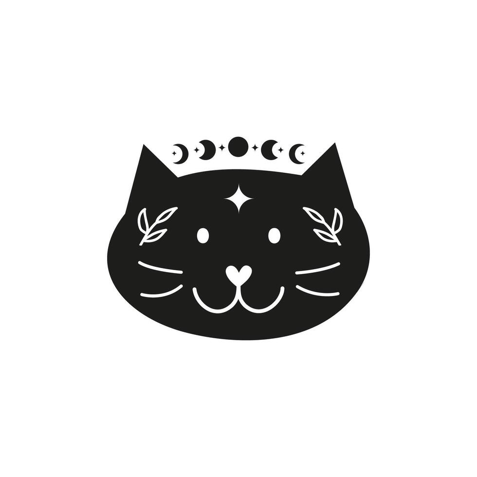 Black boho cat character with moon, leafy branches, stars. vector