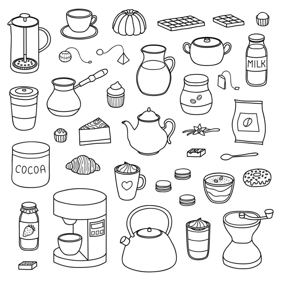 Set of hand drawn coffee, tea and cocoa items. vector