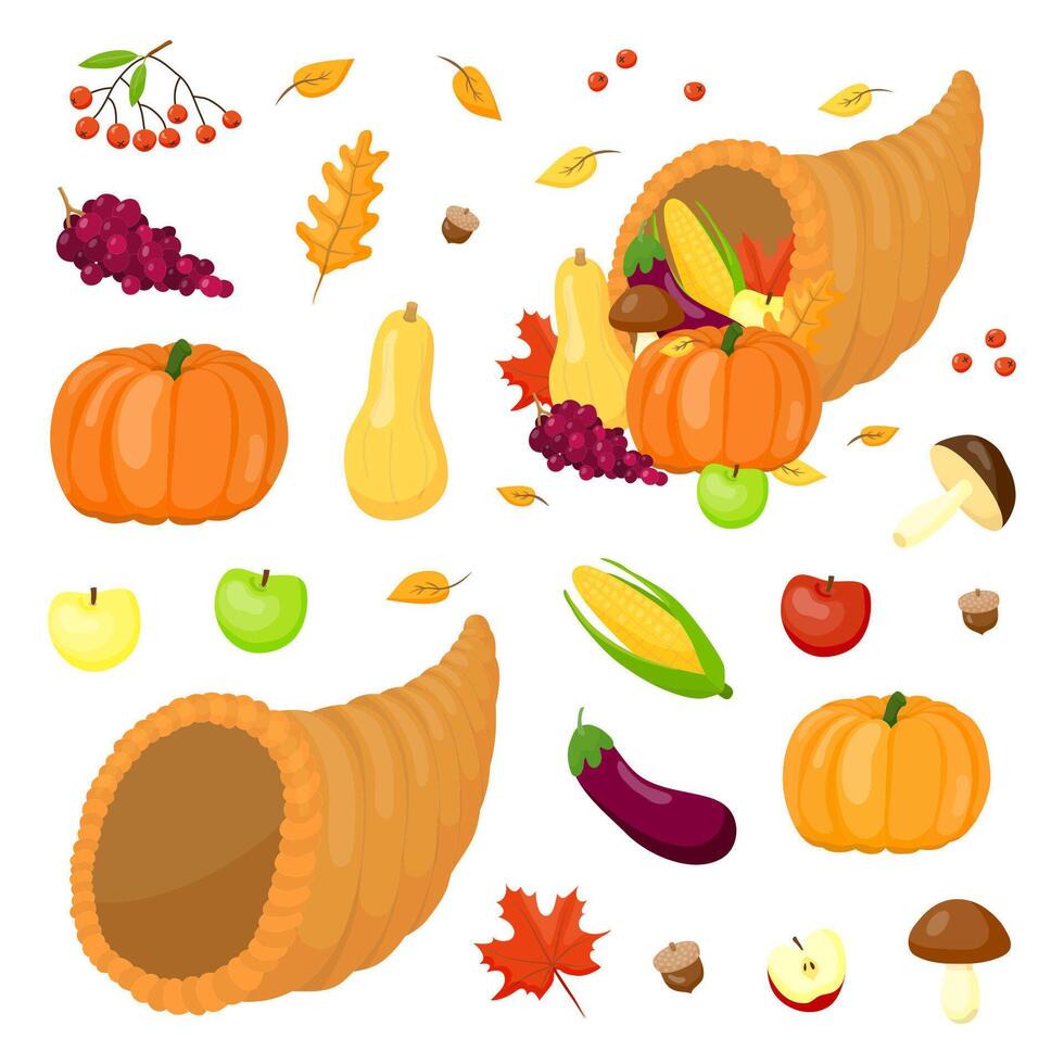 Set of cartoon Thanksgiving items. vector