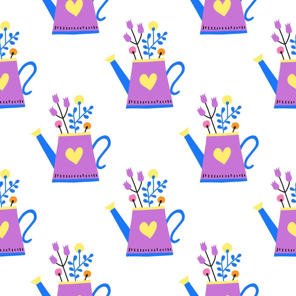 Seamless pattern with wild flowers in watering can. vector