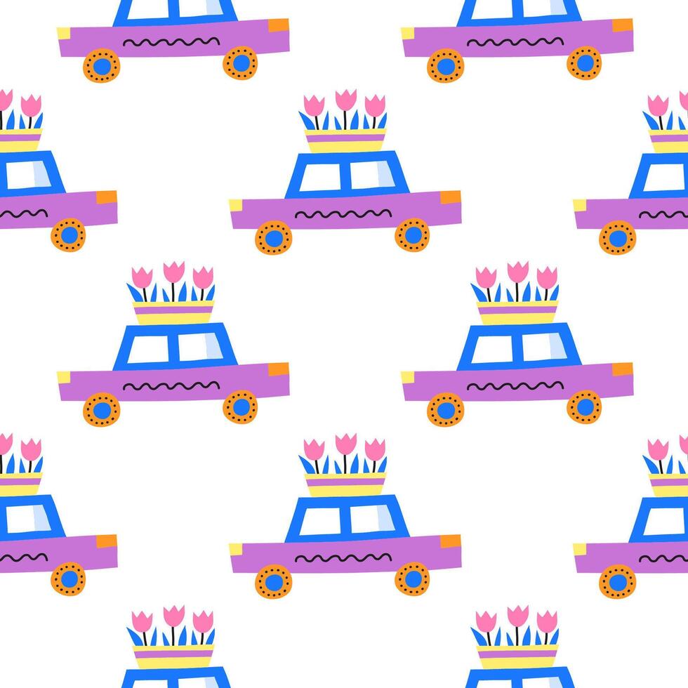 Seamless pattern with cars and tulip flowers in container. vector