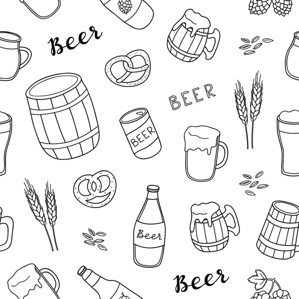 Seamless pattern with beer, brezel and lettering. vector