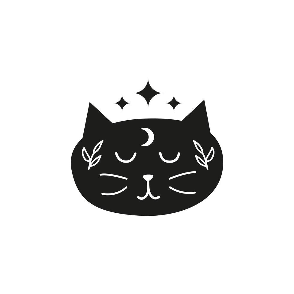 Witchy black cat character with moon, leafy branches, stars. vector