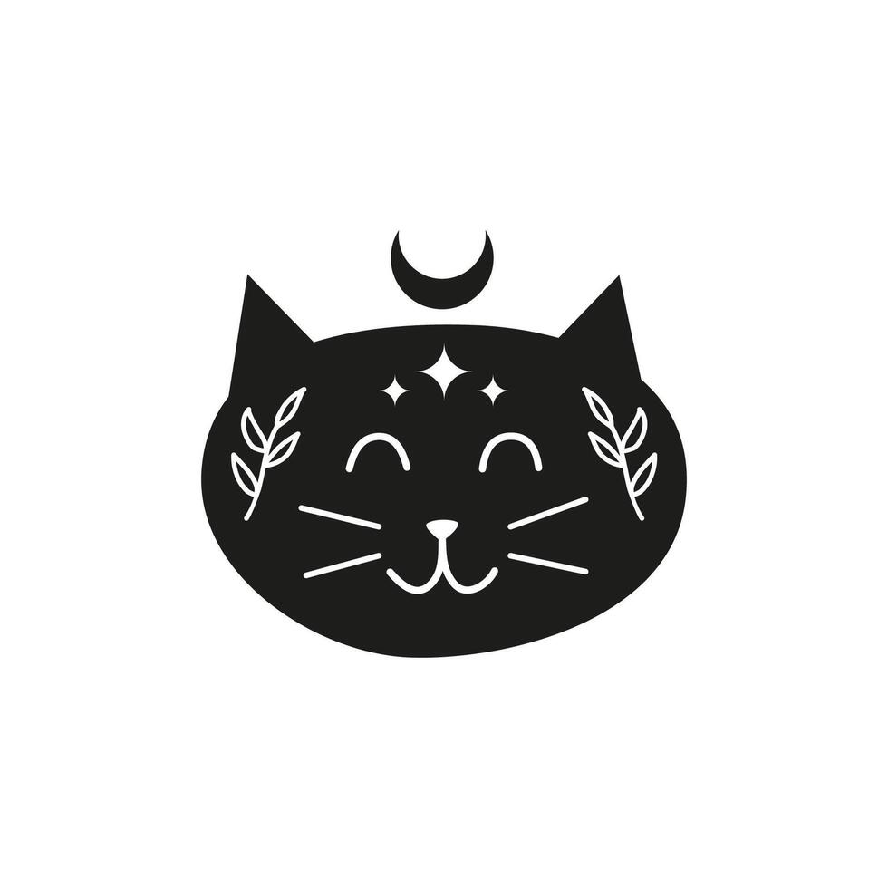 Black boho cat character with moon, leafy branches, stars. vector