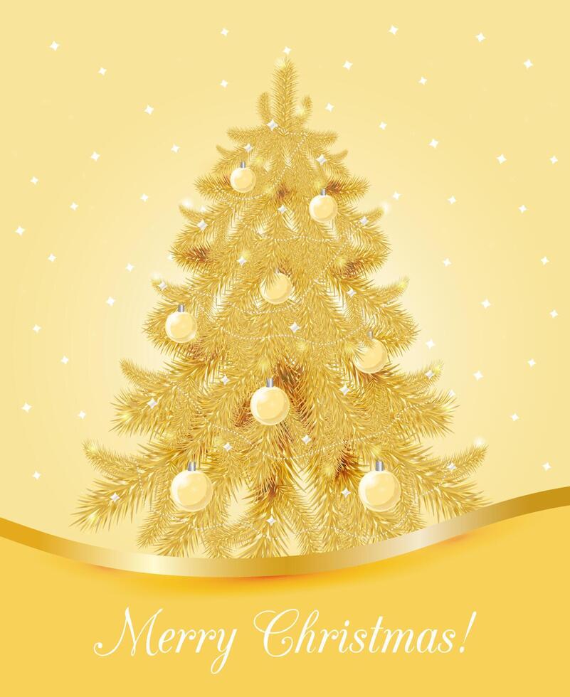 Greeting card with golden Christmas tree. vector