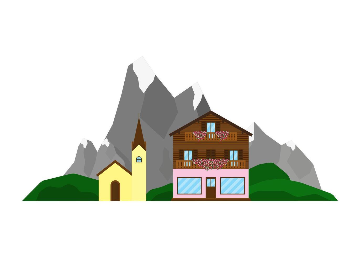 House and church on the mountains landscape. vector