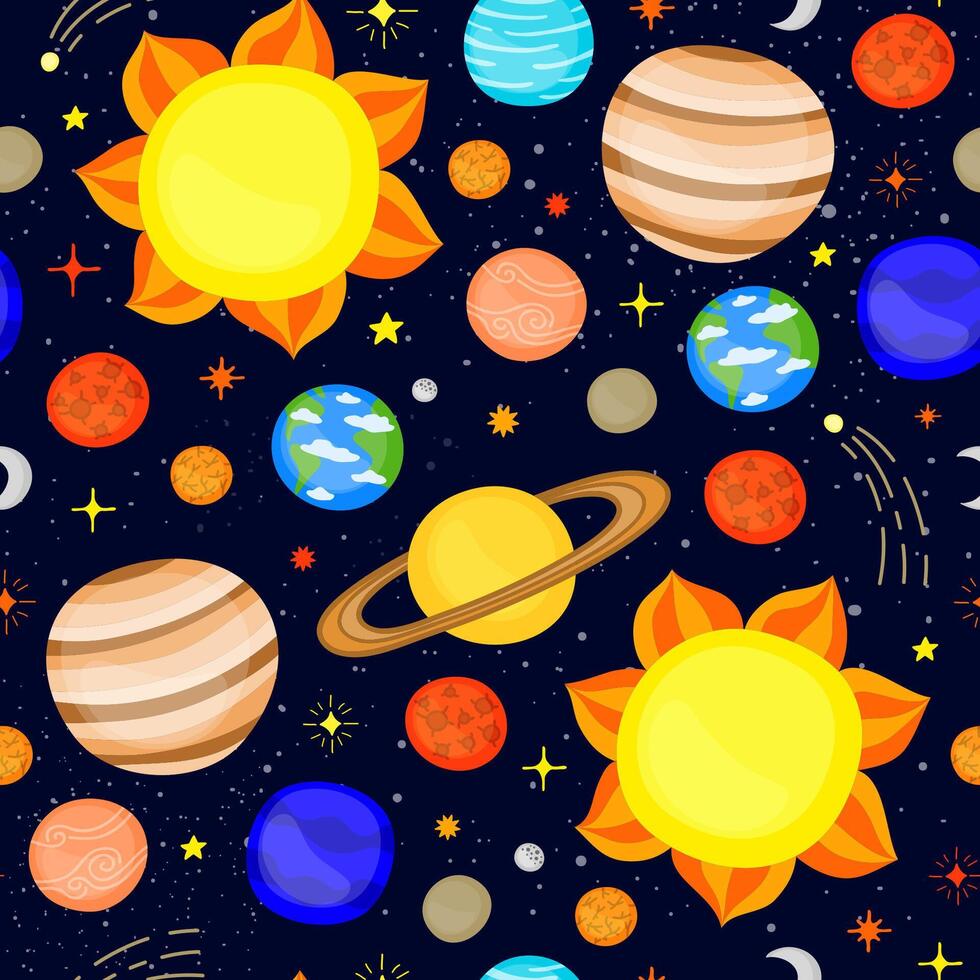 Seamless pattern with cartoon planets. vector