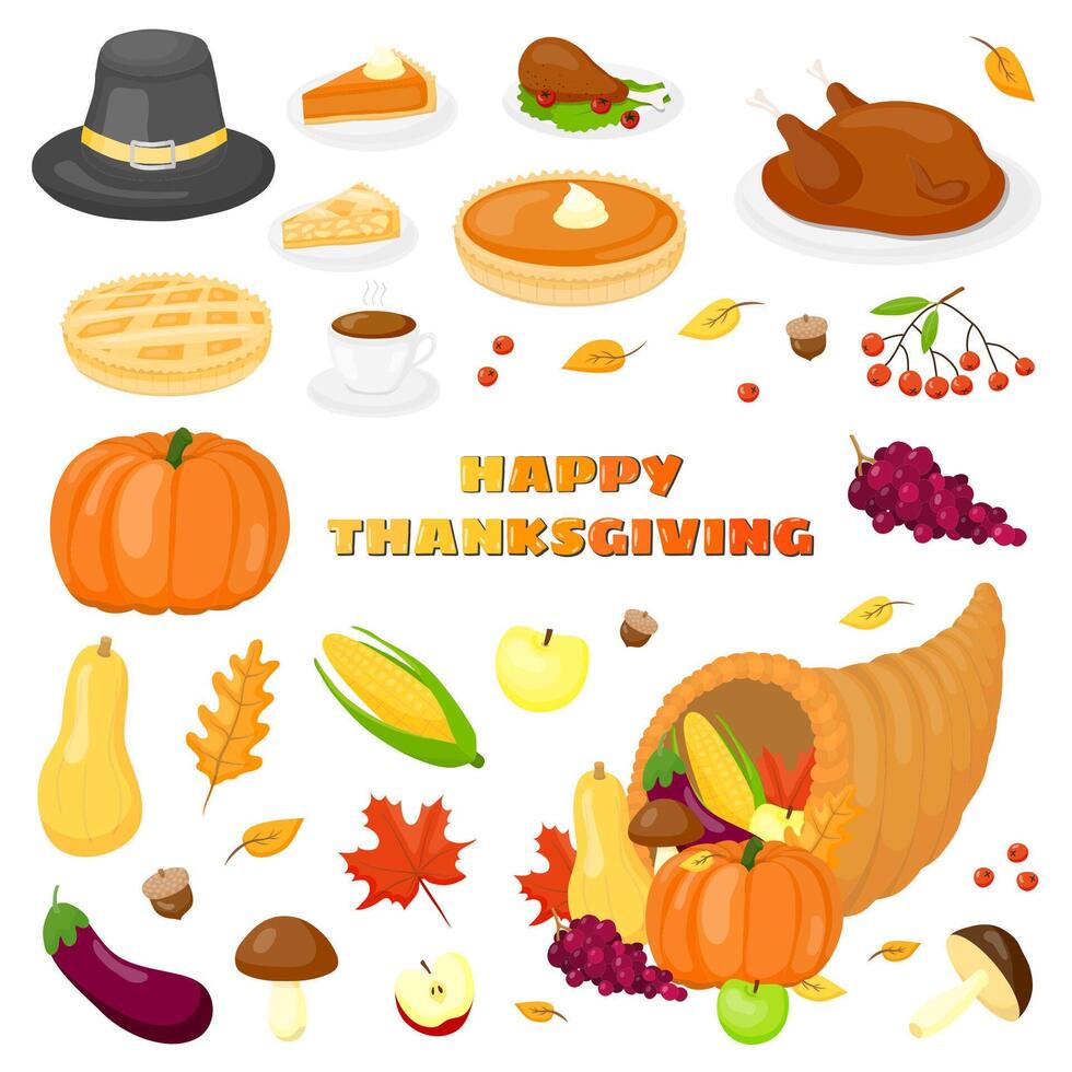 Set of cartoon Thanksgiving items. vector