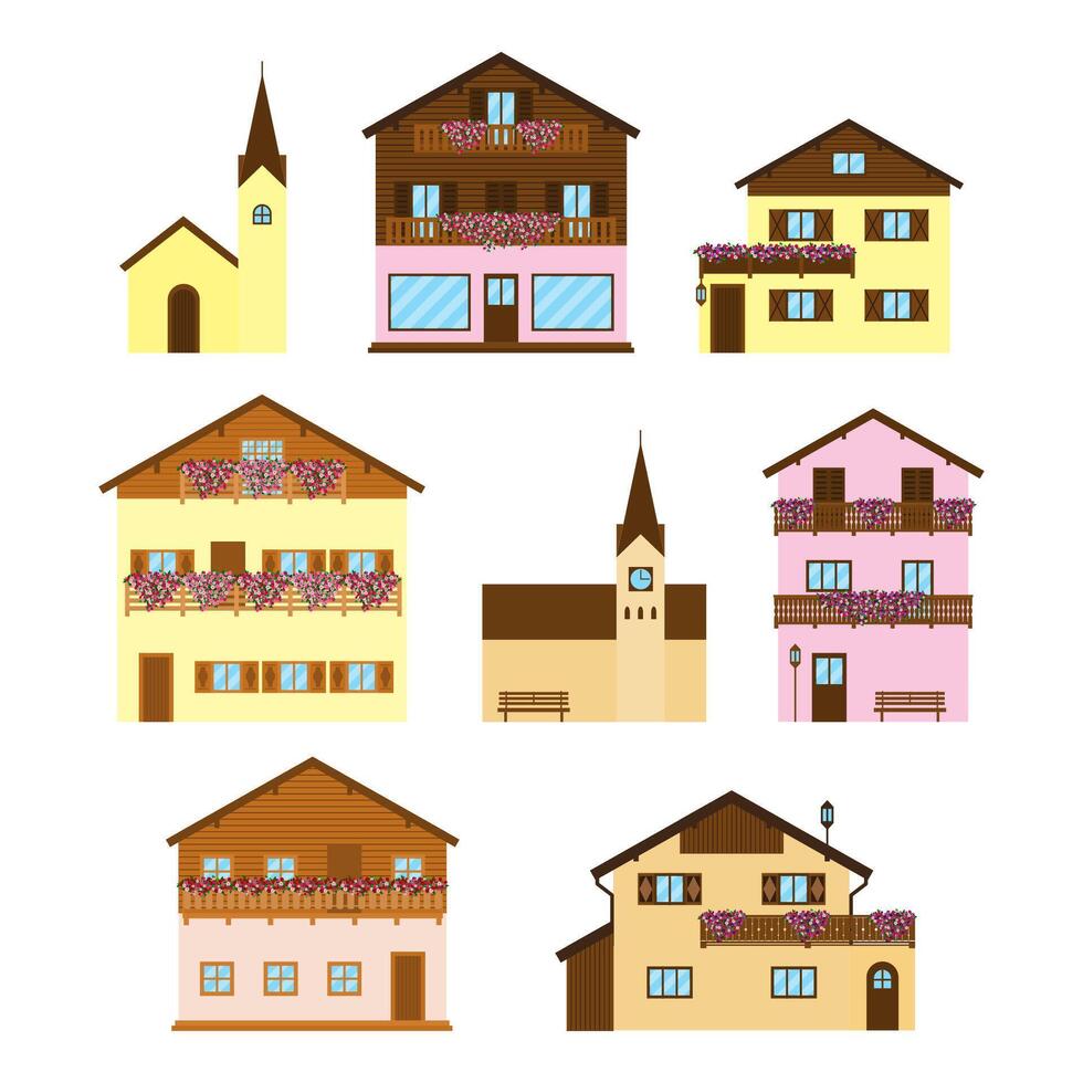 Set of alpine wooden houses. vector