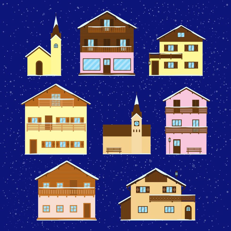 Set of alpine wooden houses. vector