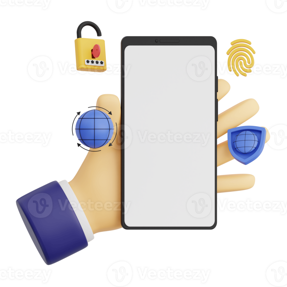 3d render hand gesture holding smartphone with white space screen for mockup with Cyber Security concept. Transparent background illustration png