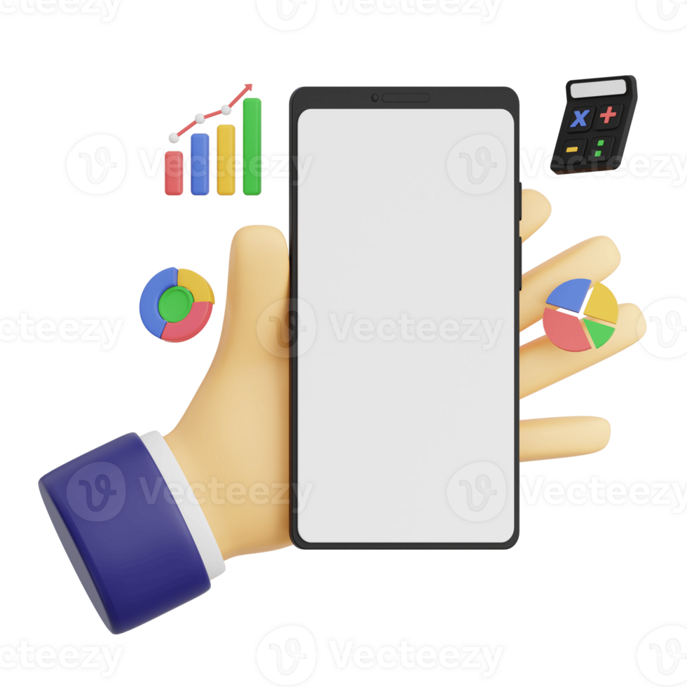 3d render hand gesture holding smartphone with white space screen for mockup with Analytic concept. Transparent background illustration png