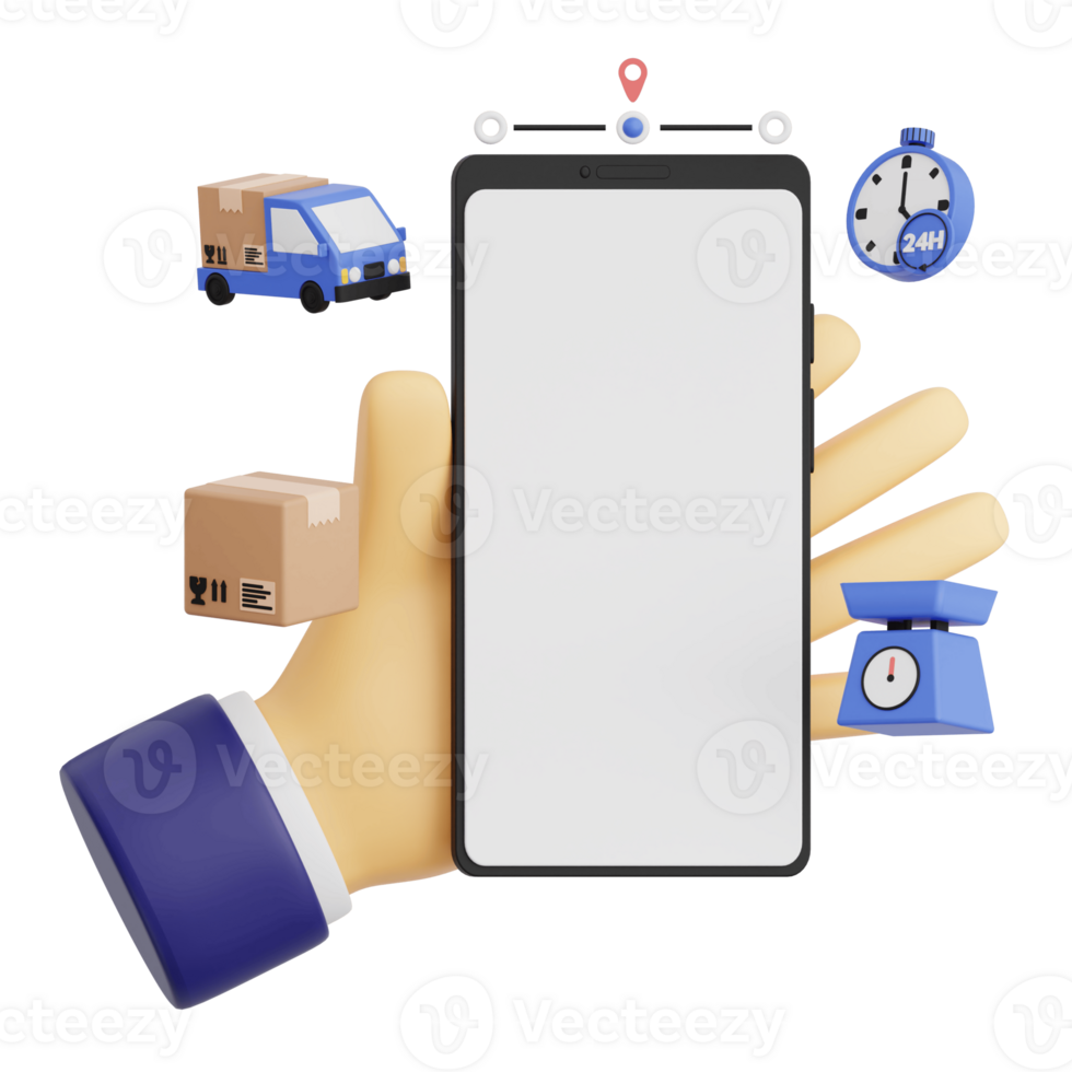 3d render hand gesture holding smartphone with white space screen for mockup with Delivery concept. Transparent background illustration png