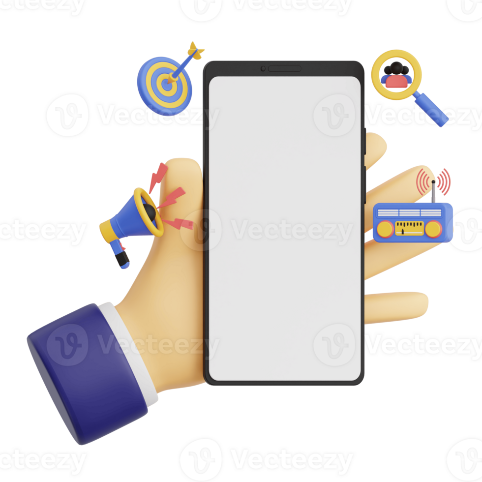 3d render hand gesture holding smartphone with white space screen for mockup with Advertisement and Marketing concept. Transparent background illustration png