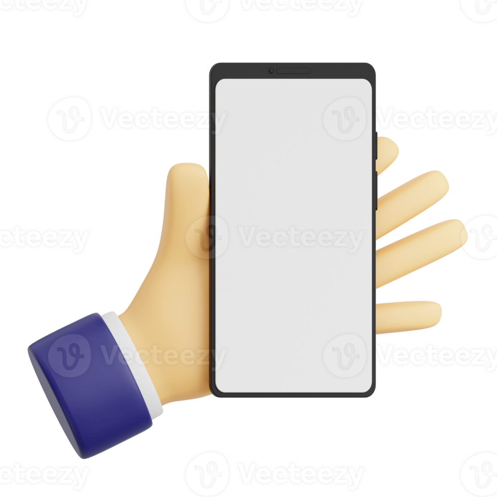 3d render hand gesture holding smartphone with white space screen for mockup. Transparent background illustration png