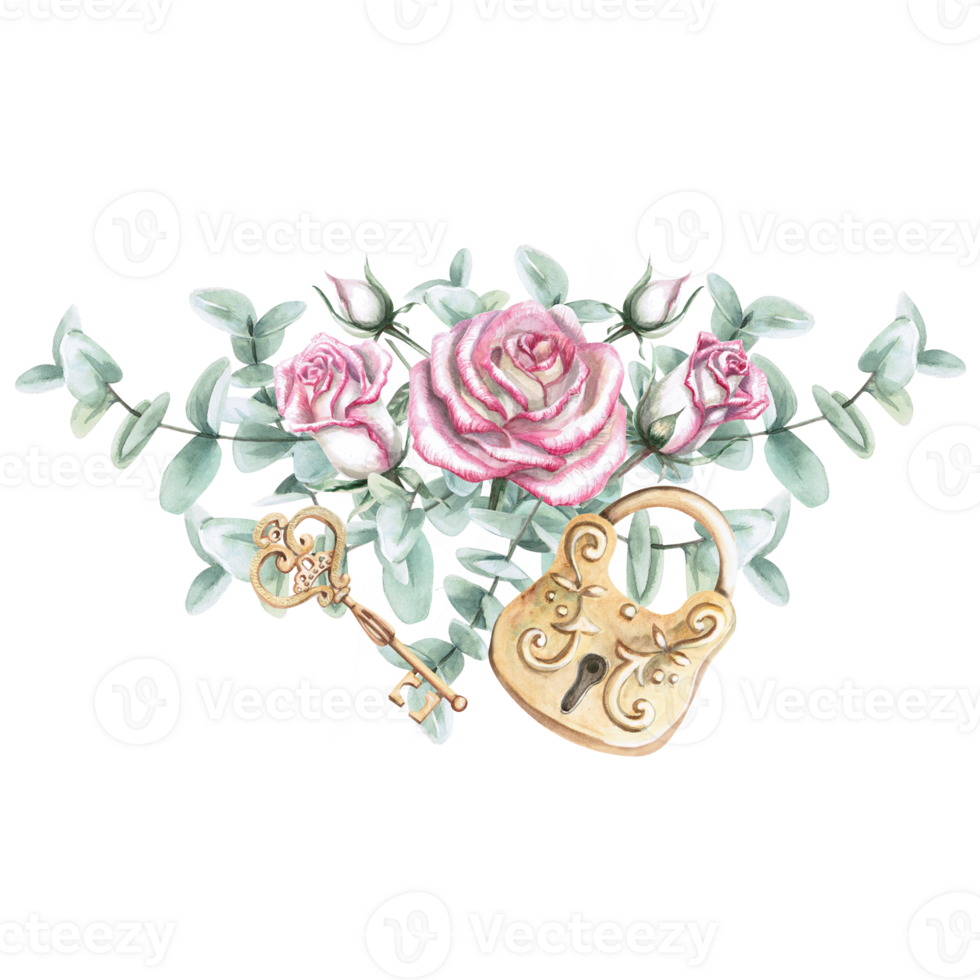 Bouquet with roses, eucalyptus leaves, key and padlock in watercolor. Hand-drawn illustration for greeting cards, weddings, memorials, clothing printing. Illustration isolated from background. png