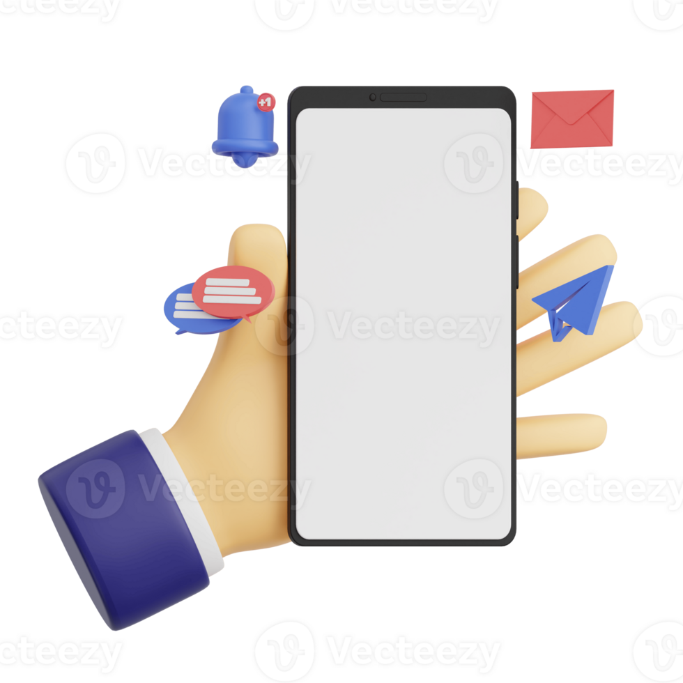 3d render hand gesture holding smartphone with white space screen for mockup with Message concept. Transparent background illustration png