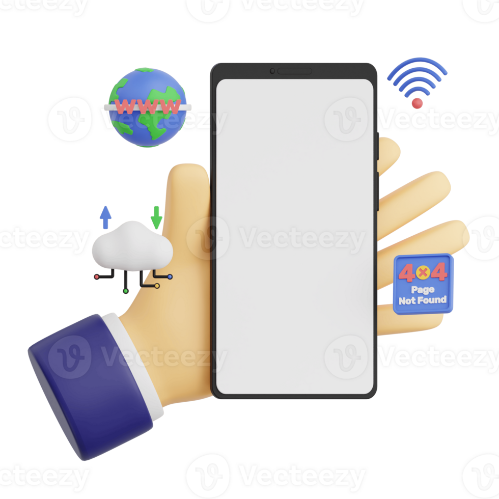 3d render hand gesture holding smartphone with white space screen for mockup with Network Browser concept. Transparent background illustration png