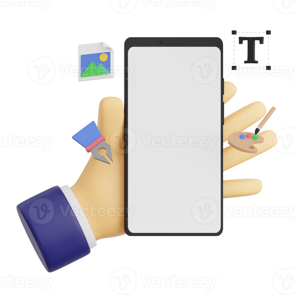 3d render hand gesture holding smartphone with white space screen for mockup with Graphic Design concept. Transparent background illustration png