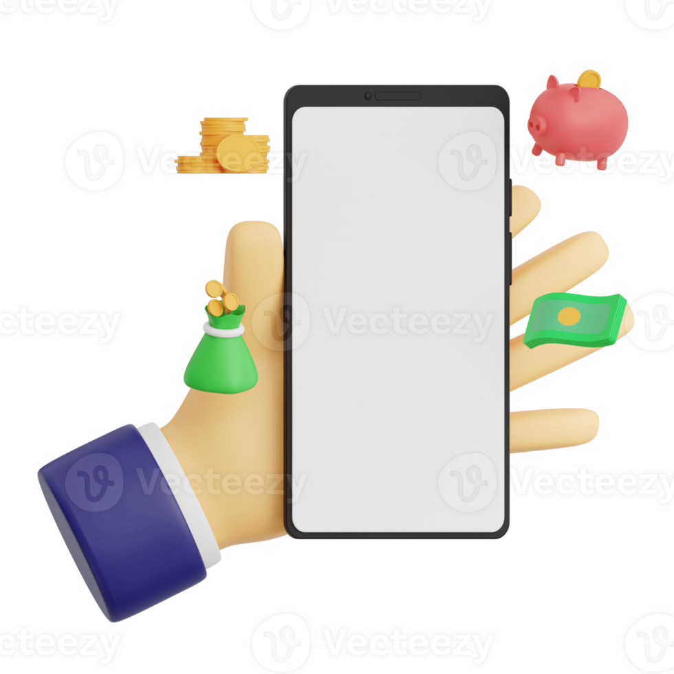 3d render hand gesture holding smartphone with white space screen for mockup with Finance concept. Transparent background illustration png